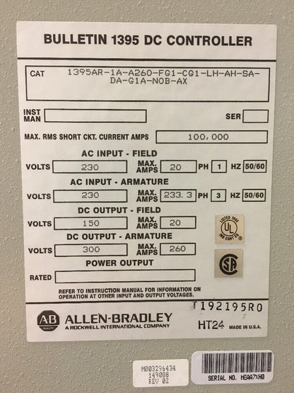 ALLEN BRADLEY 1395 DC DRIVE CONTROLLER 75 H.P. 230V