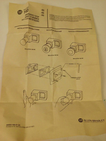 ALLEN BRADELY 140-N5 SERIES A EMERGENCY STOP PUSH BUTTON, MUSHROOM HEAD ACTUATOR