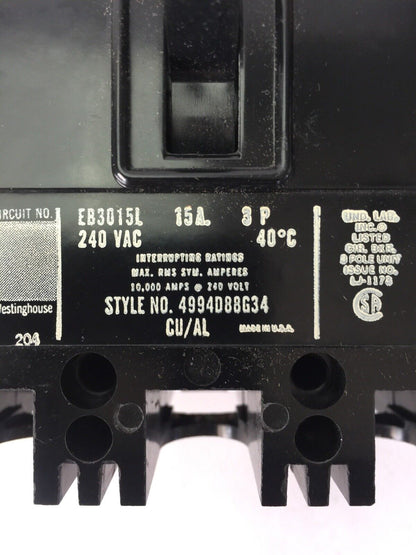 WESTINGHOUSE EB3015L CIRCUIT BREAKER 15AMP 240VAC 3POLE 4994D88G34