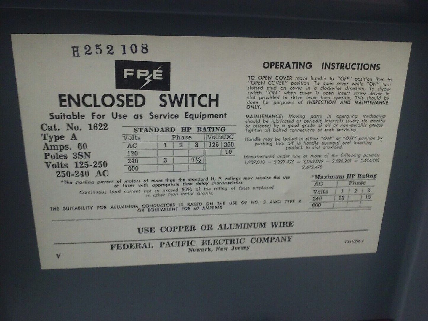 FPE 1622 1622R TYPE A FUSIBLE SAFETY SWITCH 3P, 60A, 240V, 3 WIRE, 2 BLADES