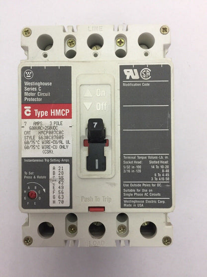 WESTINGHOUSE HMCP007C0C 7AMP 600VAC 250VDC SERIES C 3P 6630C87G05