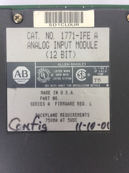 ALLEN BRADLEY 1771-IFE ANALOG INPUT MODULE (12 BIT) SERIES A FIRMWARE REV L