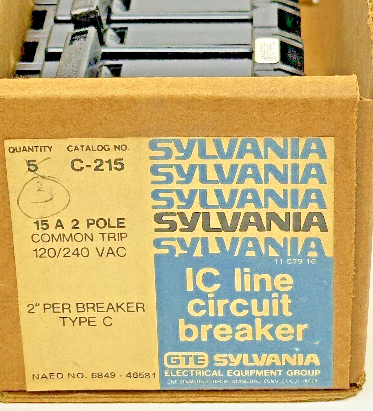 GTE SYLVANIA *BOX OF 3*-C-215- 2 POLE, 15 A, 240 VAC LC LINE CIRCUIT BREAKER