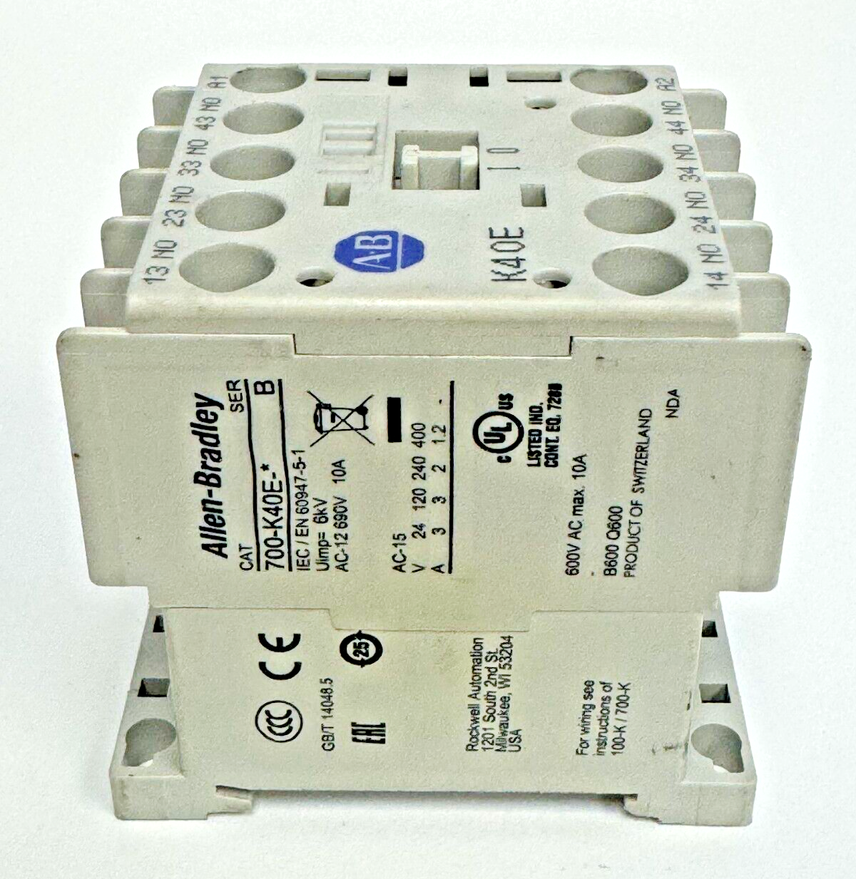 ALLEN-BRADLEY - 700-K40E-* SER. B - CONTROL RELAY - 600 VAC, 10 A, 24 VDC COIL