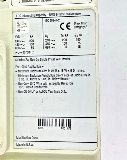 EATON CLDC36000FK12P05Y04 CIRCUIT BREAKER 600A/ 6LES600T 120A TRIP