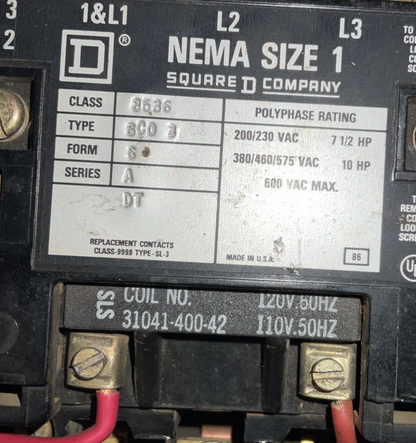 SQUARE D 8536 SCO-3 12.8 HEATERS FORM S SER.A 600VAC 10HP 120V COIL