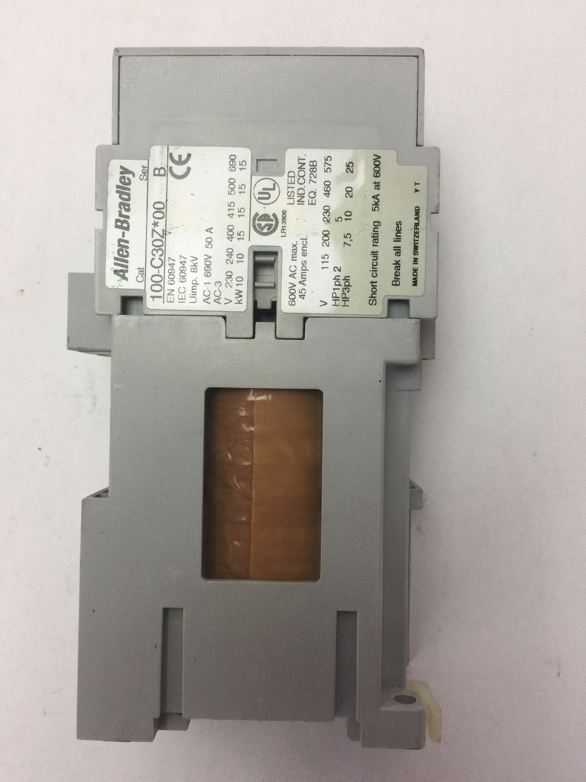 ALLEN BRADLEY 100-C30Z*00 SER B CONTACTOR 600VAC 45AMP 3PH 25 HP COIL 24VDC