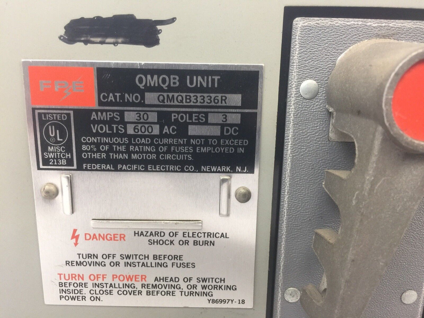 FPE QMQB3336R FUSIBLE TWIN PANELBOARD SWITCH 600VAC 30A 3 POLE