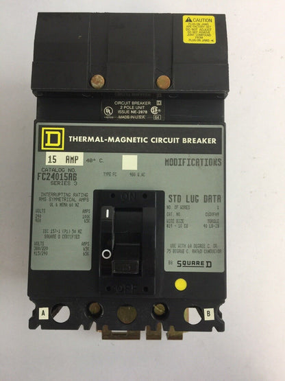 SQUARE D FC24015AB THERMAL-MAGNETIC CIRCUIT BREAKER SERIES 3 15AMP 2POLE 480VAC