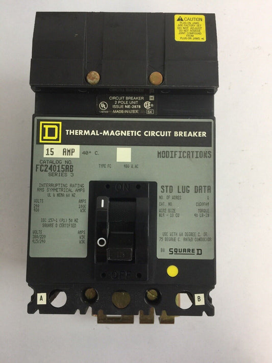 SQUARE D FC24015AB THERMAL-MAGNETIC CIRCUIT BREAKER SERIES 3 15AMP 2POLE 480VAC