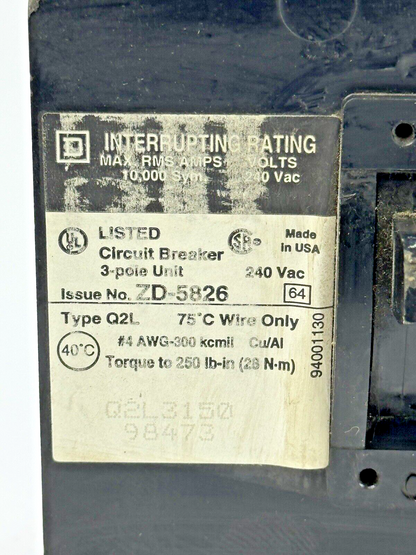SQUARE D - Q2L3150 - CIRCUIT BREAKER - 150 AMP, 3 POLE, 240 VAC