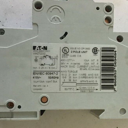 EATON WMZT2D02 CIRCUIT BREAKER 2A 480Y/277VAC 10KA 2POLE 50/60HZ***LOTOF3***