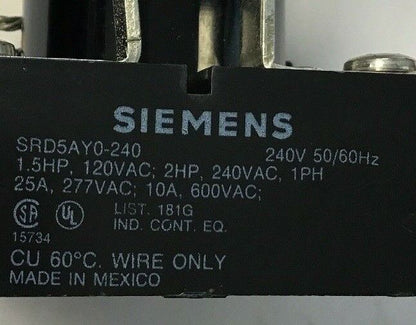 SIEMENS SRD5AY0240 POWER RELAY 240VAC GENERAL PURPOSE 50/60HZ