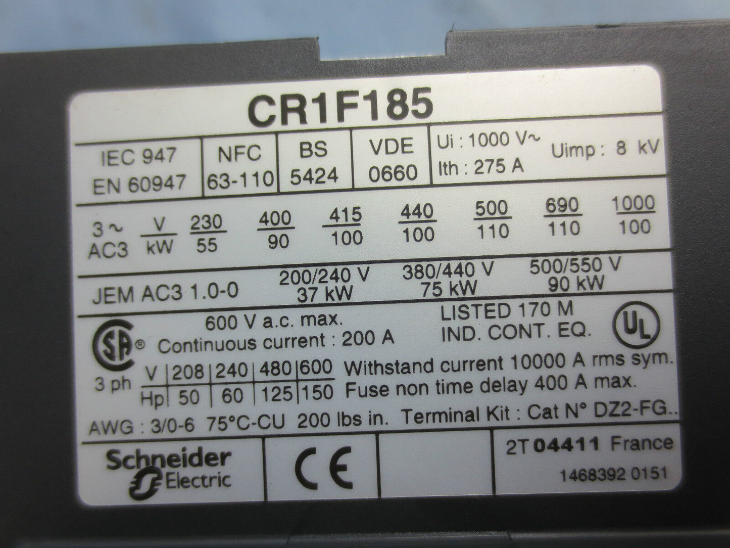 TELEMECANIQUE CR1 F185 CONTACTOR MODULE - 185A 50HP@208VAC, 150HP@600VAC