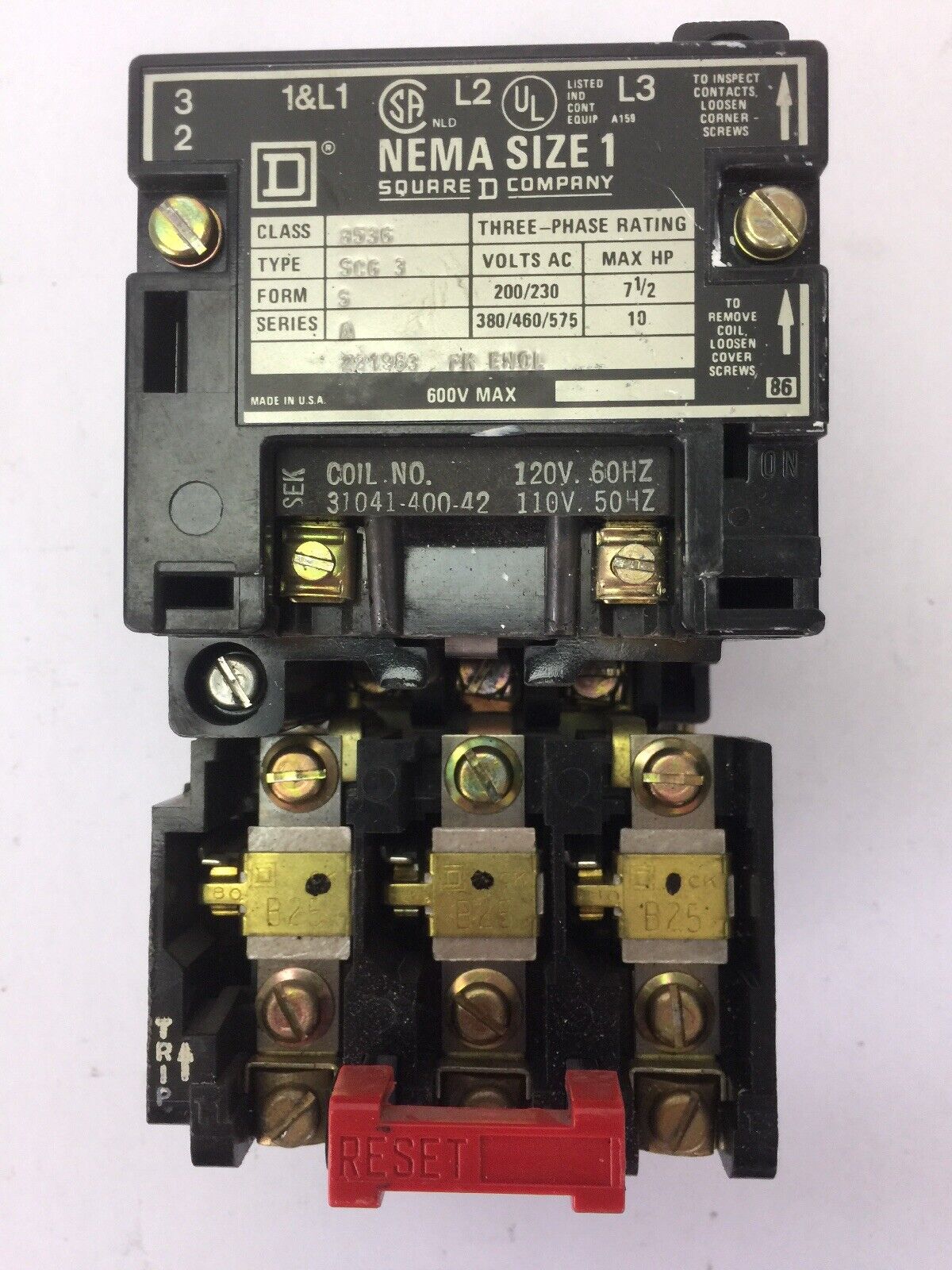 SQUARE D 8536 SBG2 SIZE 0 STARTER 600VAC 5HP 31041-400-42 COIL 120/110V 60/50HZ