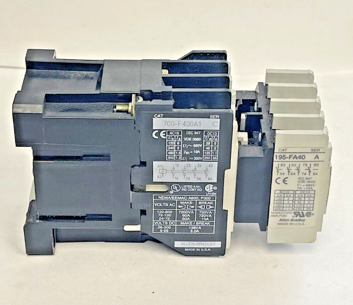 ALLEN-BRADLEY 700-F400A1 Ser. C 120V COIL RELAY & 195-FA40 Ser. A AUX. CONTACT