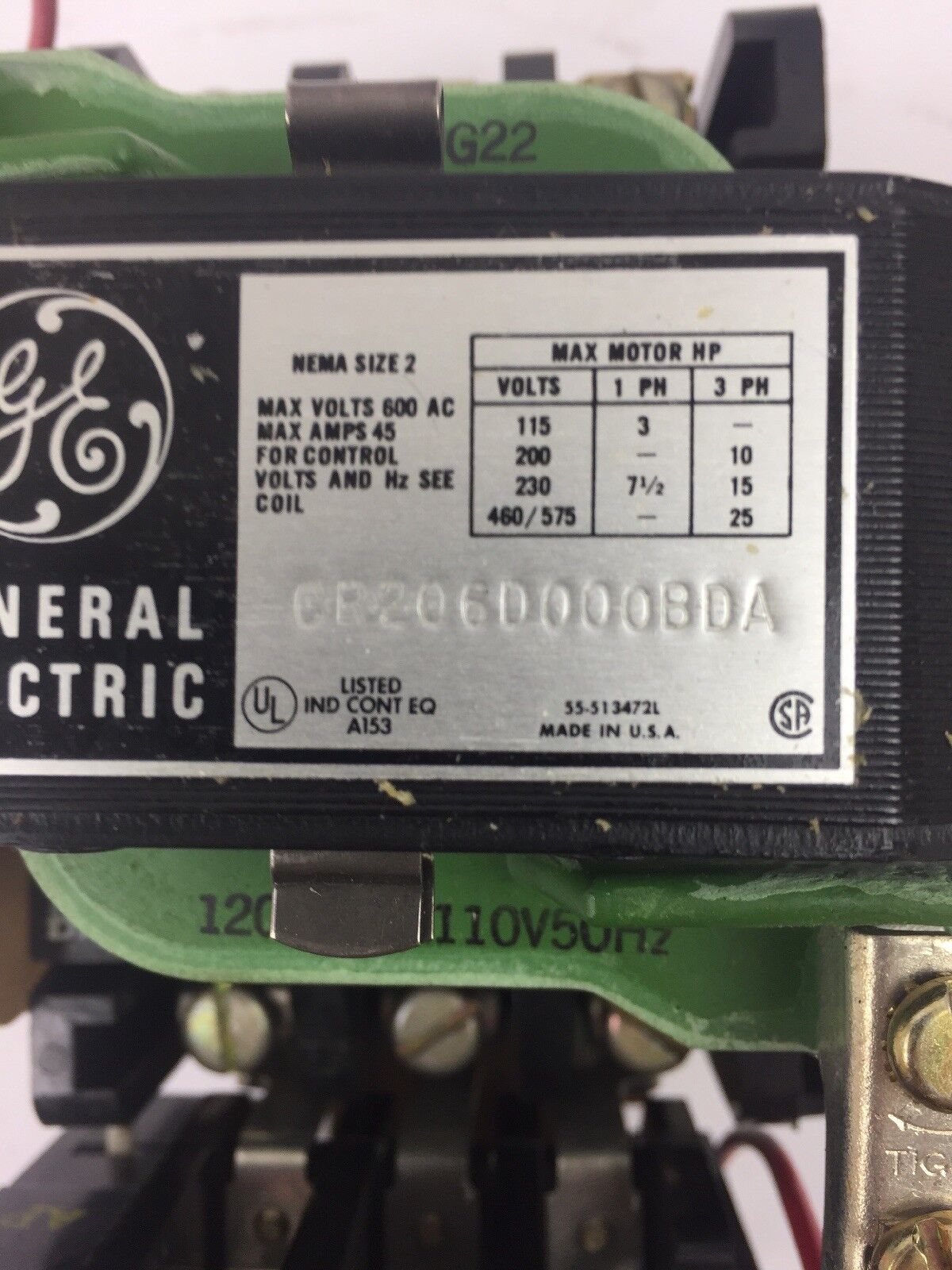 GE CR206H002 MAGNETIC STARTER NON-REVERSING COIL 120V 60HZ 110V 50HZ