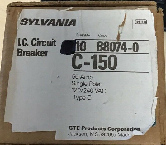 SYLVANIA C-150 CIRCUIT BREAKER 120/240VAC 50A 1POLE TYPE C ***LOTOF10***