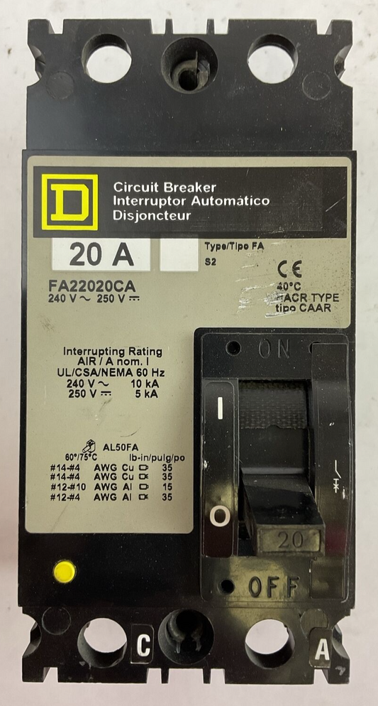SQUARE D FA22020CA 240VAC 250VDC 20AMP 2POLE CIRCUIT BREAKER