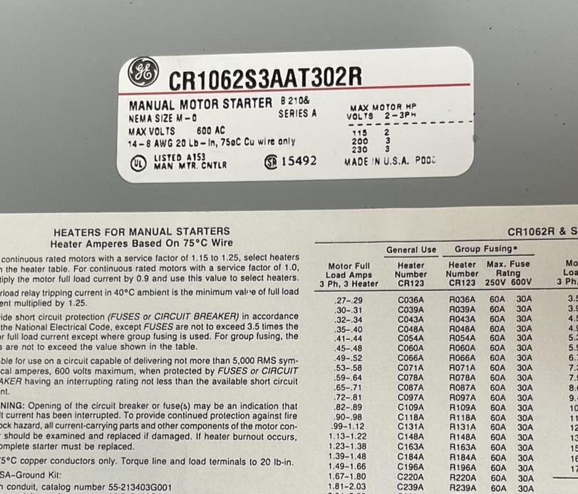 GENERAL ELECTRIC CR1062S3AAT302R MANUAL MOTOR STARTER 3POLE 120V