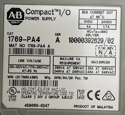 ALLEN BRADLEY 1769-PA4 SER A POWER SUPPLY F/W REV NA DIR/VER 10000392629/02 120/