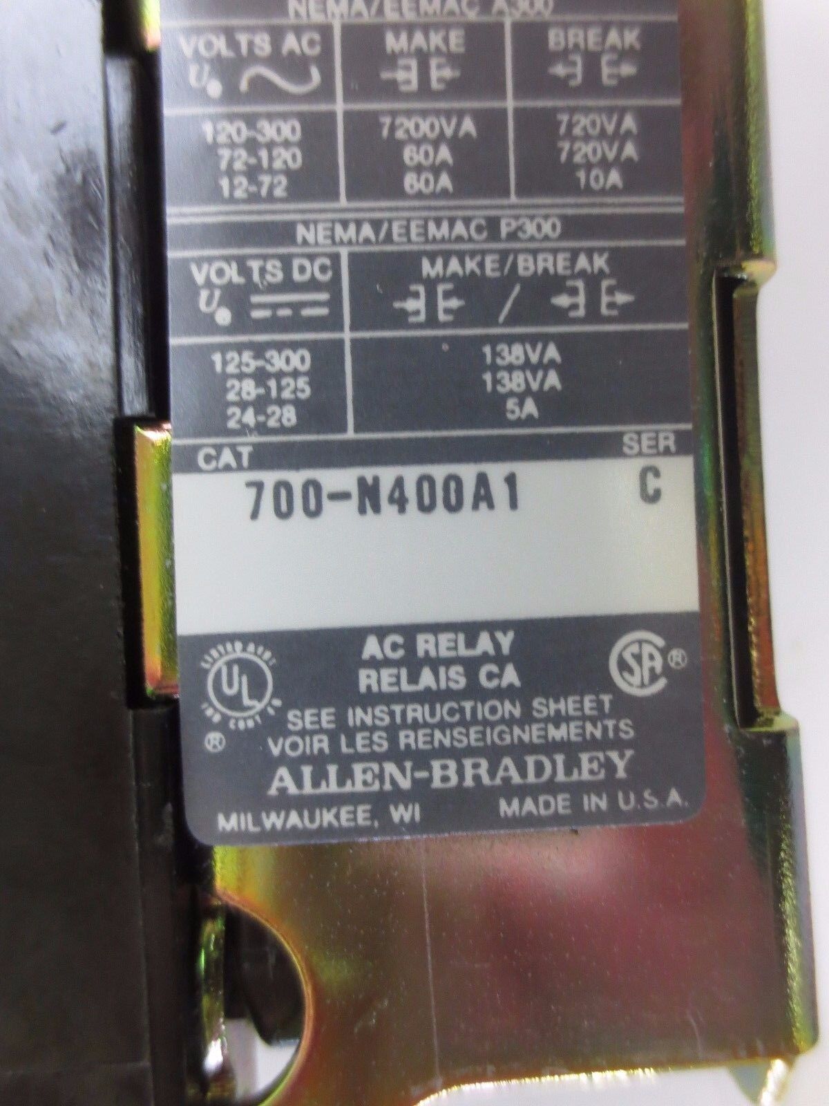 ALLEN-BRADLEY 700-N400A1 SER. C CONTROL RELAY110-120V/ 5-60Hz -