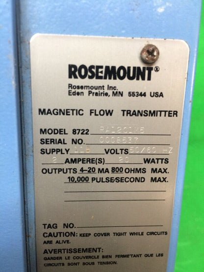 ROSEMOUNT 8722 RA12C1M5 MAGNETIC FLOWMETER / TRANSMITTER, RA12CM, 115V, 50/60HZ