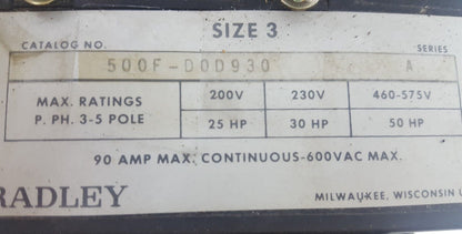 ALLEN BRADLEY Size 3 Contactor 110/120V 90 Amp 500F D0D930