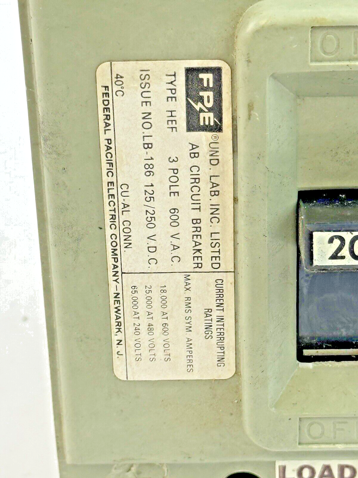 FPE - HEF631020 - CIRCUIT BREAKER - 3 POLE/240VAC/30A, LB-186 - NEW