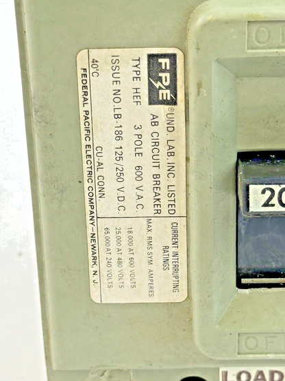 FPE - HEF631020 - CIRCUIT BREAKER - 3 POLE/240VAC/30A, LB-186 - NEW