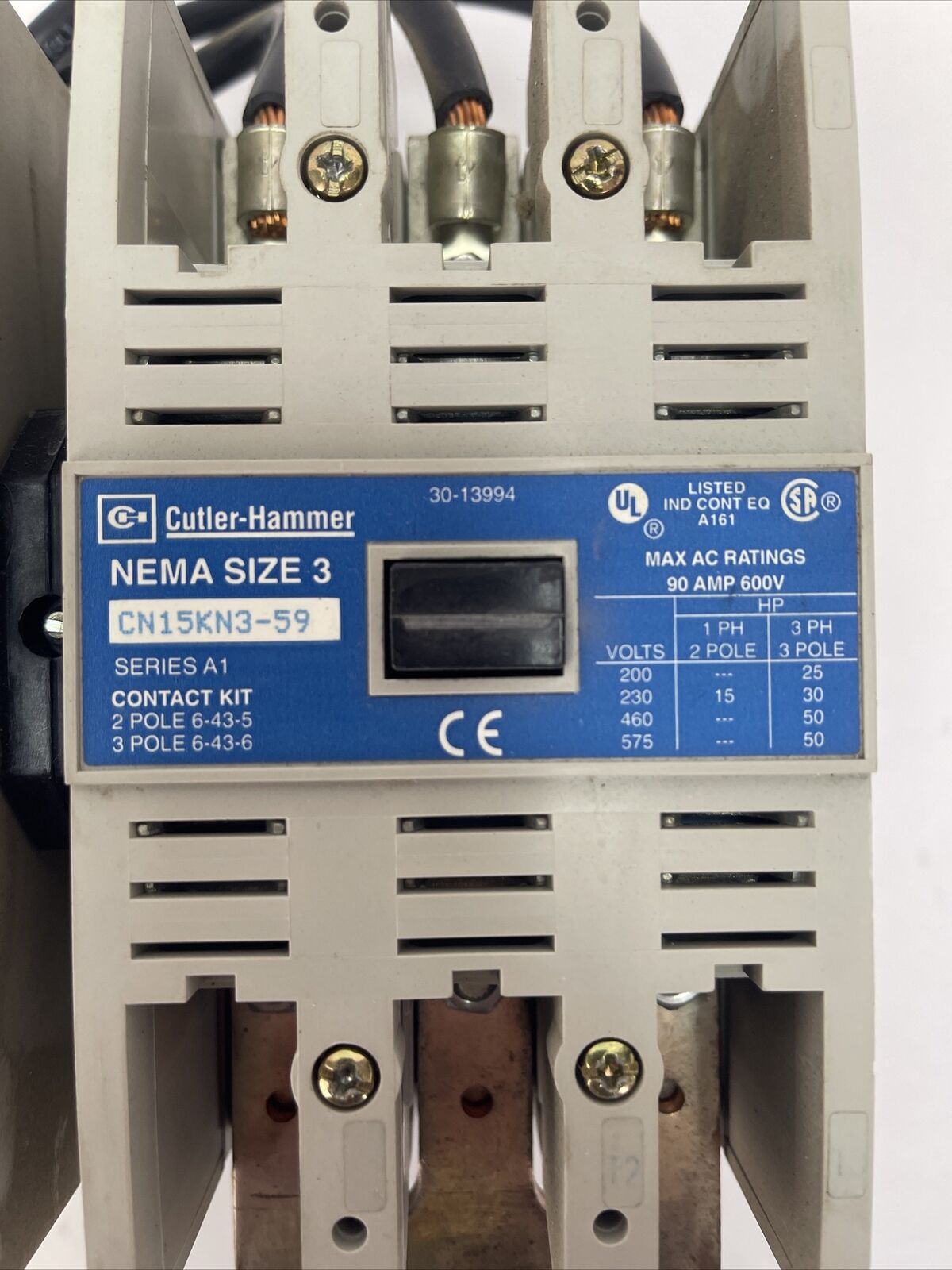 CUTLER HAMMER CN15KN3-59 CN15KN3 SIZE 3 REVERSING CONTACTOR 600VAC 90A 50HP