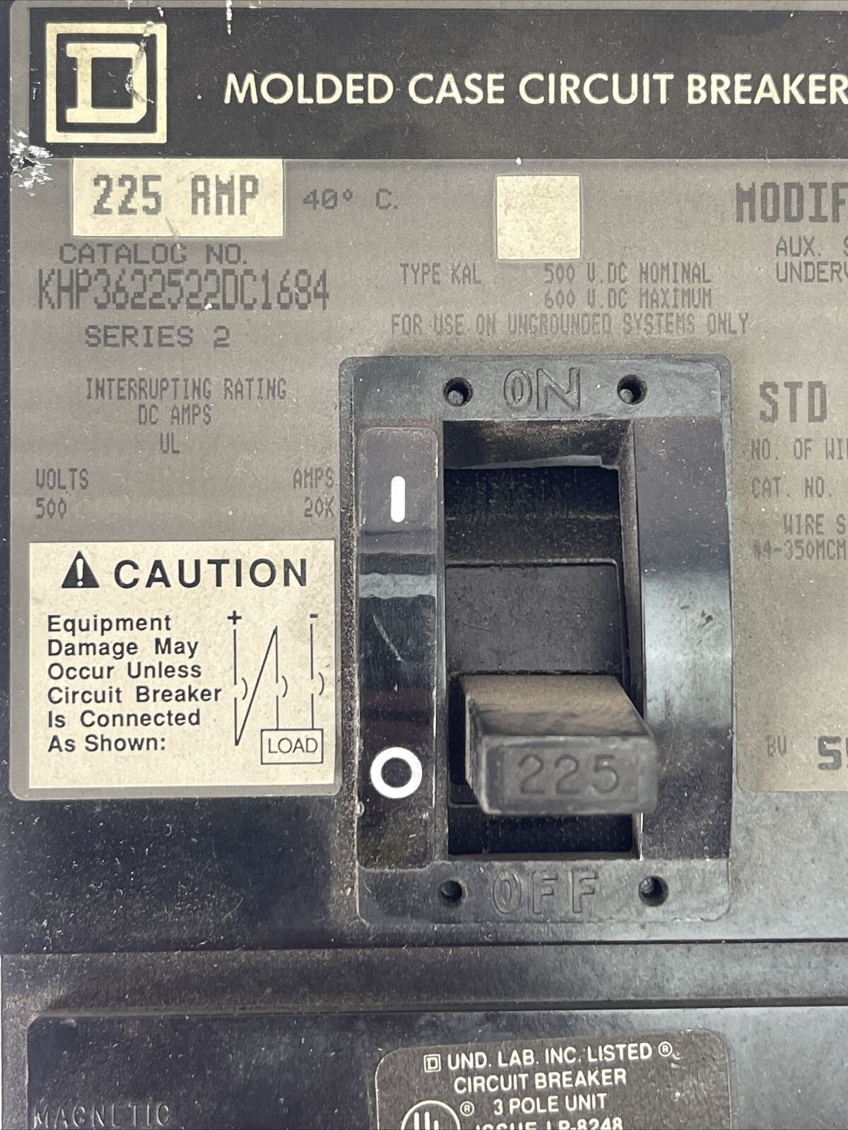 SQUARE D KHP3622522DC1684 MOLDED CASE CIRCUIT BREAKER 225AMP 600VDC 3POLE SER 2