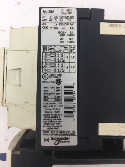 TELEMECANIQUE LC1D12BD CONTACT 25A LAD4TBDL 24V LRD07 OVERLOAD RELAY 1.6-2.5A