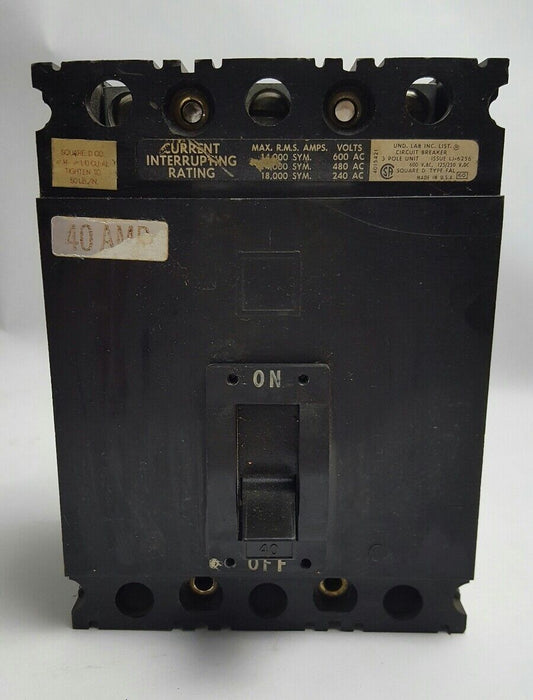 Square D FAL36040 40 AMP CIRCUIT BREAKER 600 VAC 3 POLE