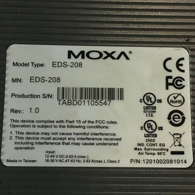 MOXA EDS-208 ETHERNET SWITCH 45VDC 30VAC