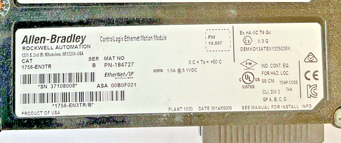 ALLEN-BRADLEY 1756-EN3TR ETHERNET MOTION LOGIC FW:10.007 SER.B 1A 5.1VDC