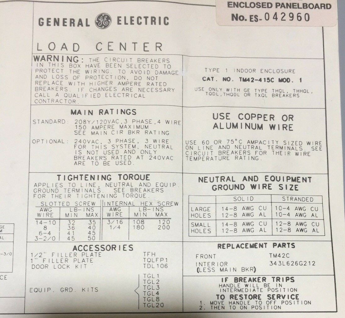 GE TM42-415C LOAD CENTER 208Y/120VAC 150AMP WITH CIRCUIT BREAKERS