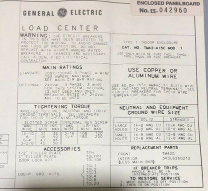 GE TM42-415C LOAD CENTER 208Y/120VAC 150AMP WITH CIRCUIT BREAKERS