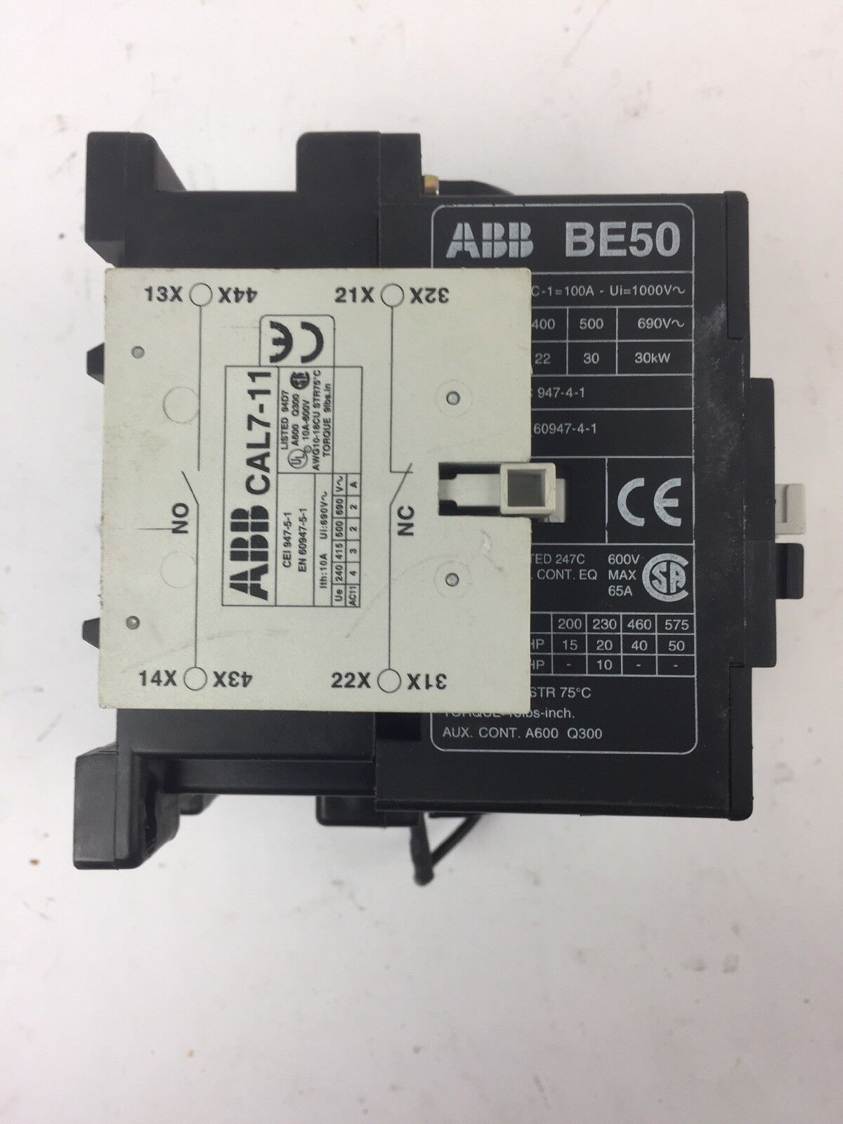 ABB BE50 CONTACTOR 600V 65A 3 POLE COIL 24VDC WITH CA L7 & CD L7 AUXILIARY CONTA