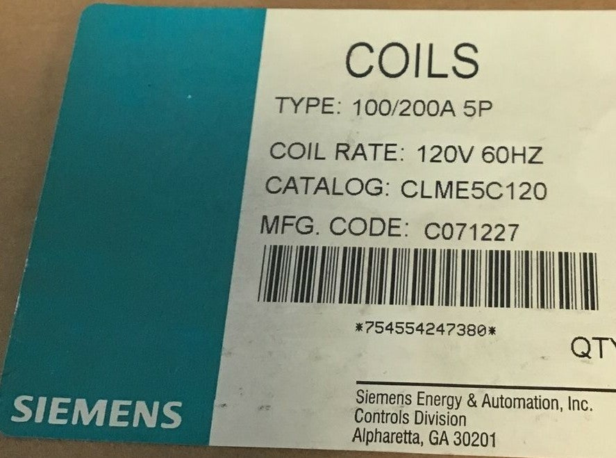SIEMENS  CLME50120 COIL 120V 60HZ 100/200A 5P