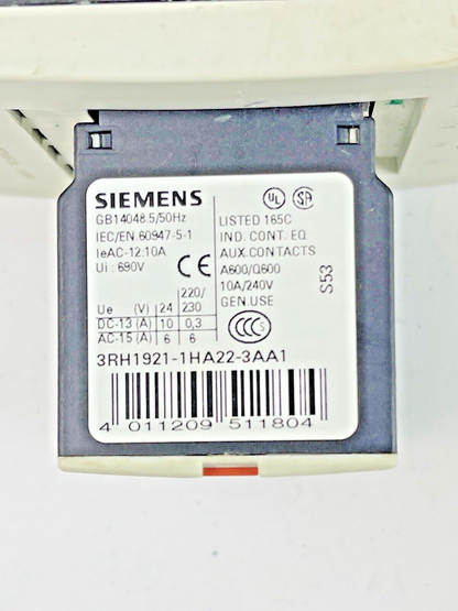 SIEMENS - 3RT1045-1BB44-3MA0 - CONTACTOR & 3RH1921-1HA22-3AA1 & 3RT1926-1BB00