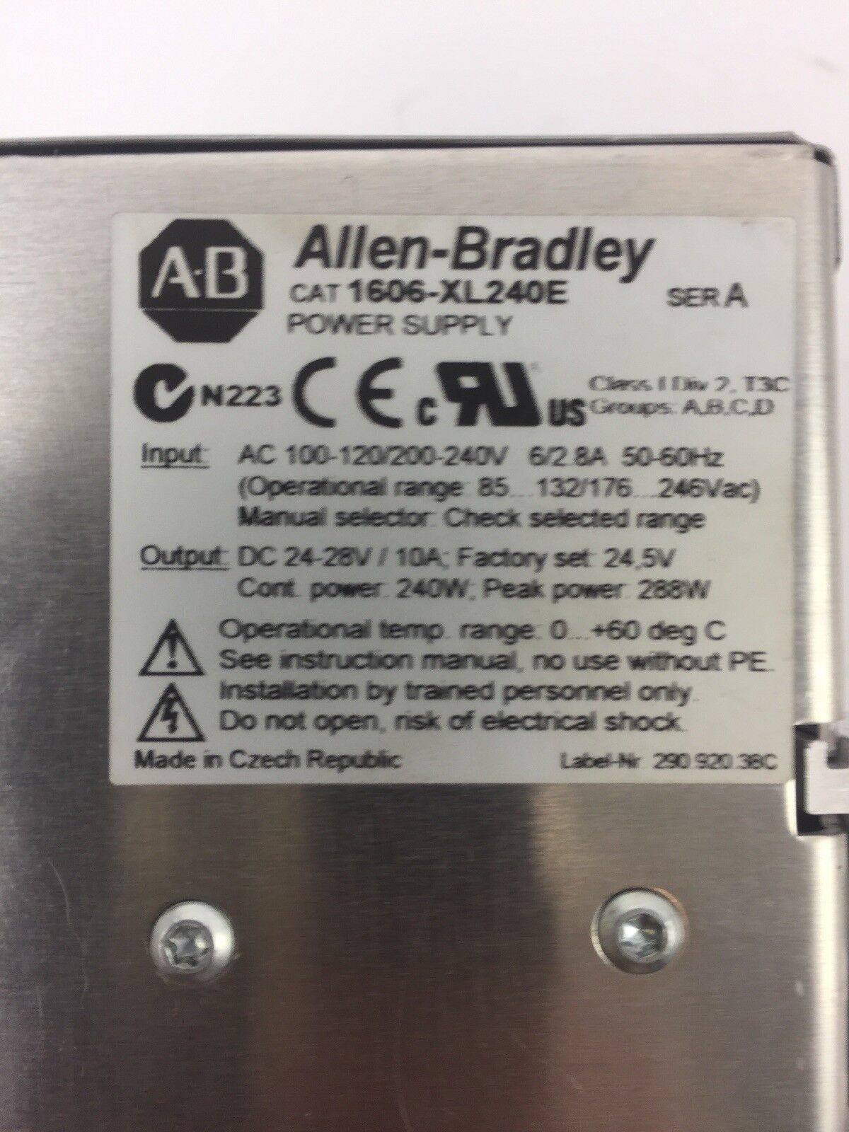 ALLEN BRADLEY 1606-XL240E POWER SUPPLY SER A OUTPUT DC 24-28V 10 A