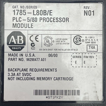 ALLEN BRADLEY 1785-L80B/E PLC 5/80 PROCESSOR MODULE REV N01 SERIES E F/W REV E