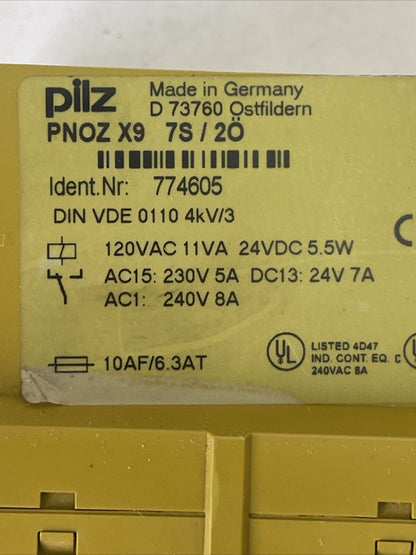 PILZ PNOZ X9 7S/2O SAFETY RELAY 120VAC 11VA 24VDC 5.5W AC15:230V 5A DC13:24V 7A