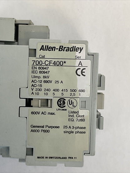 ALLEN BRADLEY 700-CF400* SER A CONTACTOR 600VAC 25A COIL 120V 60HZ 100-FSV136