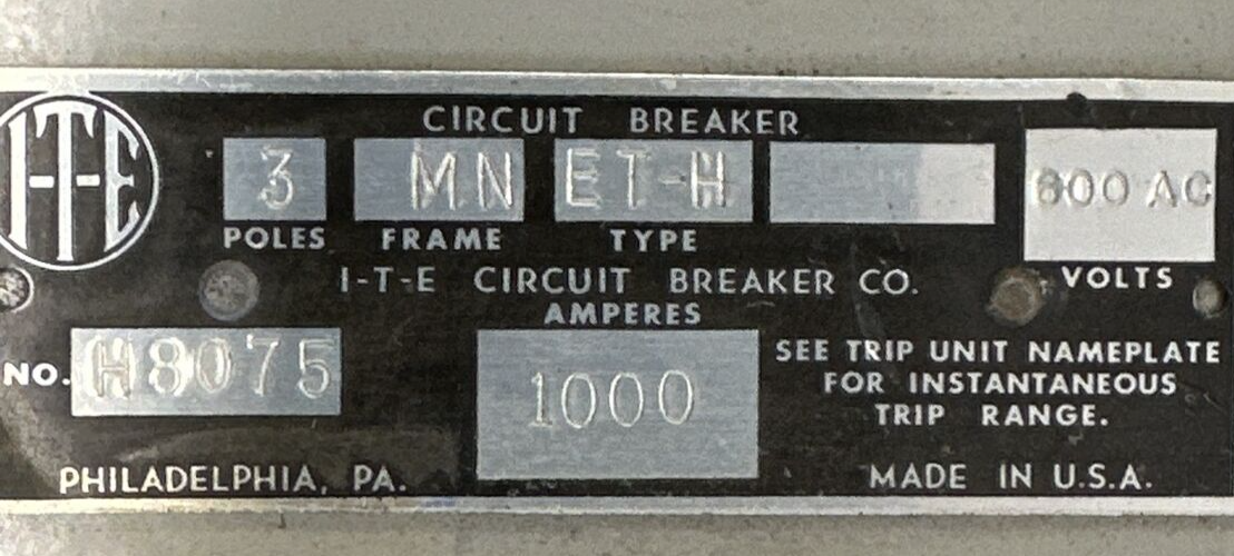 ITE CIRCUIT BREAKER 3POLE MN FRAME ET-H TYPE 600VAC 1000AMP