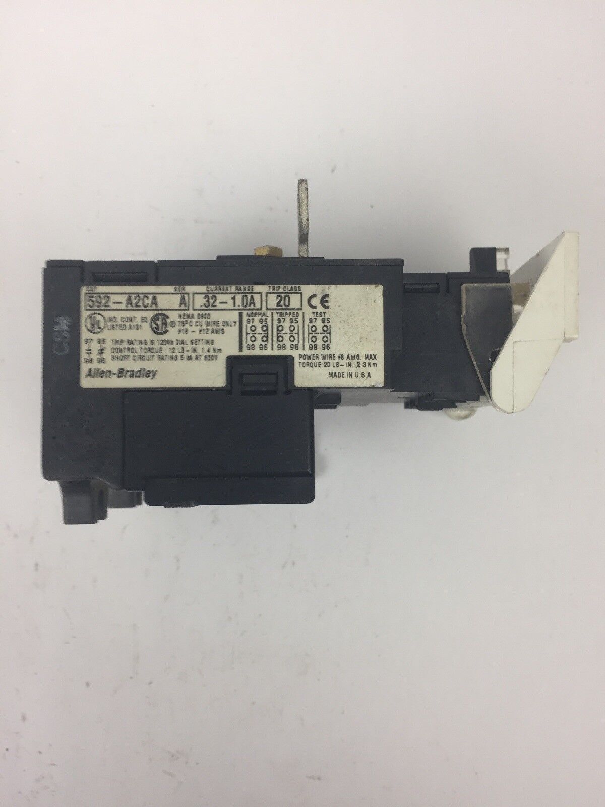 ALLEN BRADELY 592-A2CA OVERLOAD RELAY SER A CURRENT RANGE .32-1.0A TRIP CLASS 20