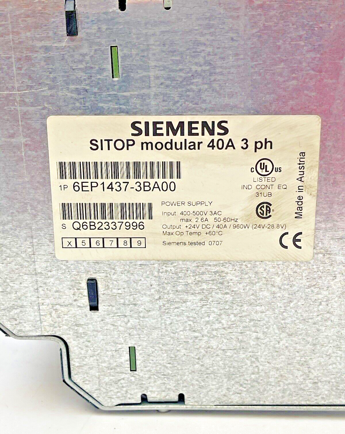 SIEMENS - 6EP1437-3BA00 - SITOP MODULAR POWER SUPPLY - 400-500V 3AC, 40A, 3 PH