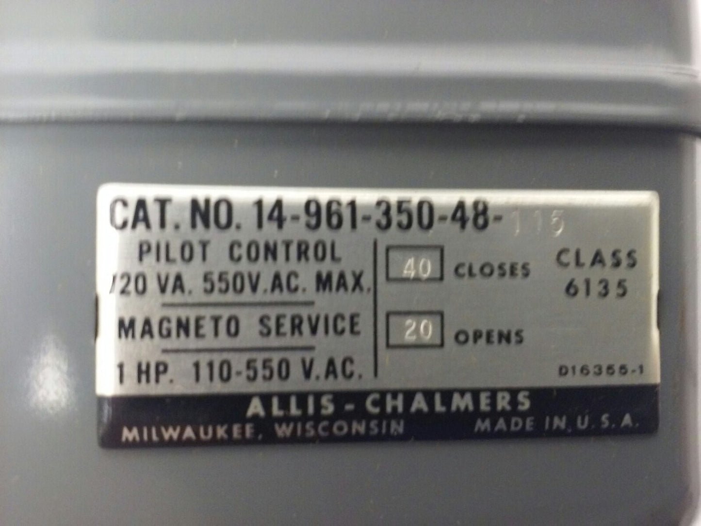 ALLIS CHALMERS  CLASS 6135 14-961-350-48-115 PRESSURE SWITCH, 550V,NEW SURPLUS,
