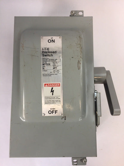 ITE NF351H ENCLOSED SWITCH 30A 600VAC 20HP TYPE 12 ENCLOSURE VACU-BREAK SWITCH W